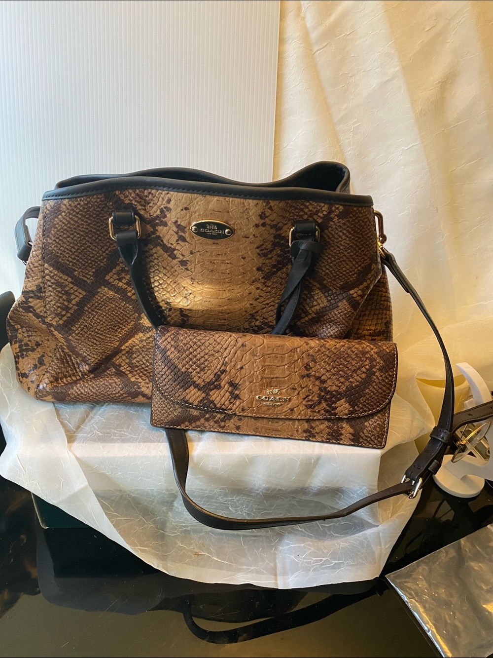 Coach Brown Snake-Print Shoulder Bag with Matching Wallet